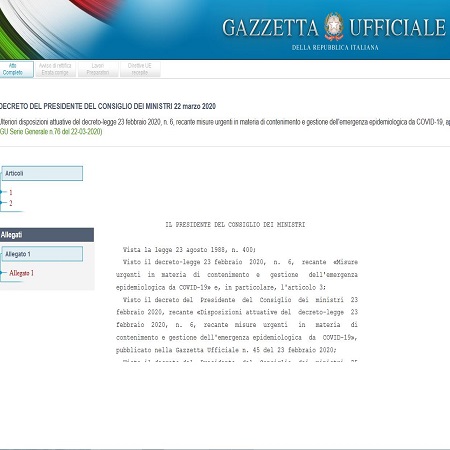 DPCM 22 marzo 2020, n° 6 (sospensione attività produttive ed industriali non necessarie …)